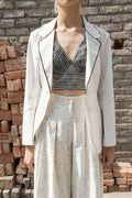 White Classic Blazer at Kamakhyaa by Ahmev. This item is Blazers, Casual Wear, Chanderi, Ink And Ivory, Natural, Prints, Relaxed Fit, White, Womenswear