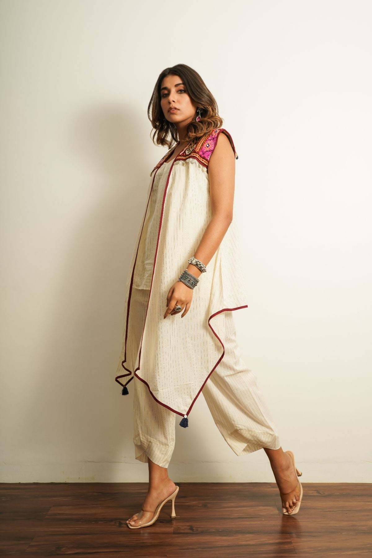 White Cotton 3 pc Co-ord Set at Kamakhyaa by Keva. This item is 100% cotton, Best Selling, Cape, Co-ord Sets, FB ADS JUNE, Fusion Wear, Natural, New, Off-white, party, Party Wear Co-ords, Printed Selfsame, Relaxed Fit, Saba, Solids, White, Womenswear