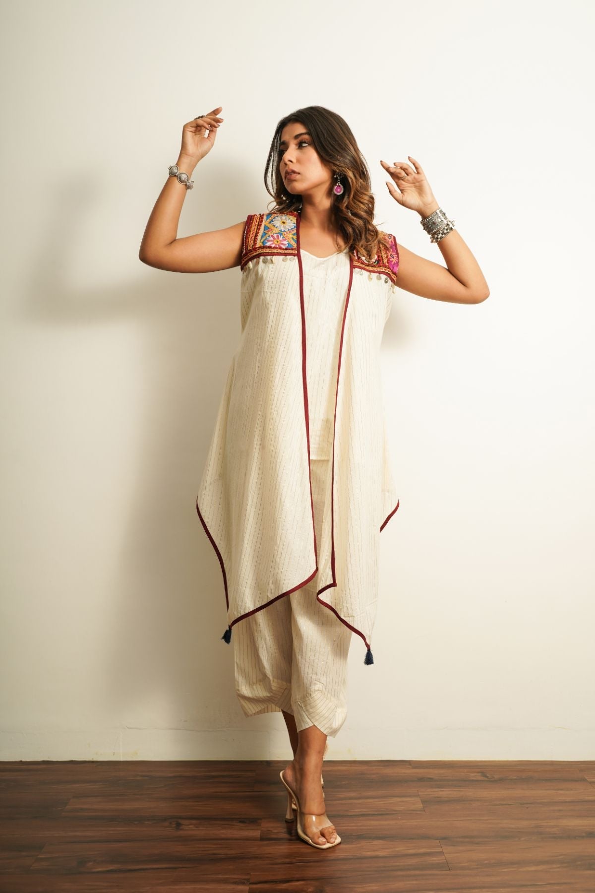 White Cotton 3 pc Co-ord Set at Kamakhyaa by Keva. This item is 100% cotton, Best Selling, Cape, Co-ord Sets, FB ADS JUNE, Fusion Wear, Natural, New, Off-white, party, Party Wear Co-ords, Printed Selfsame, Relaxed Fit, Saba, Solids, White, Womenswear