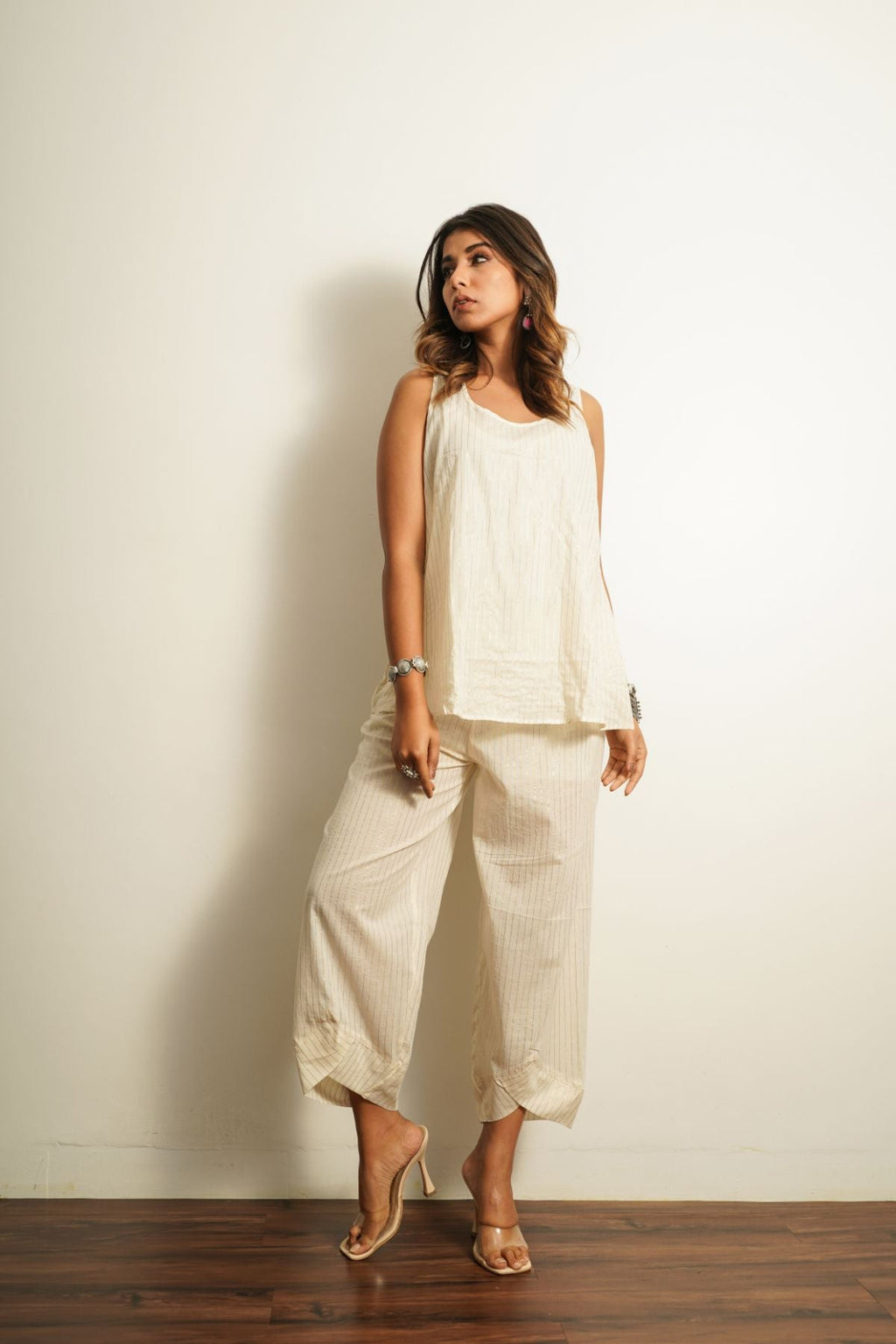 White Cotton 3 pc Co-ord Set at Kamakhyaa by Keva. This item is 100% cotton, Best Selling, Cape, Co-ord Sets, FB ADS JUNE, Fusion Wear, Natural, New, Off-white, party, Party Wear Co-ords, Printed Selfsame, Relaxed Fit, Saba, Solids, White, Womenswear