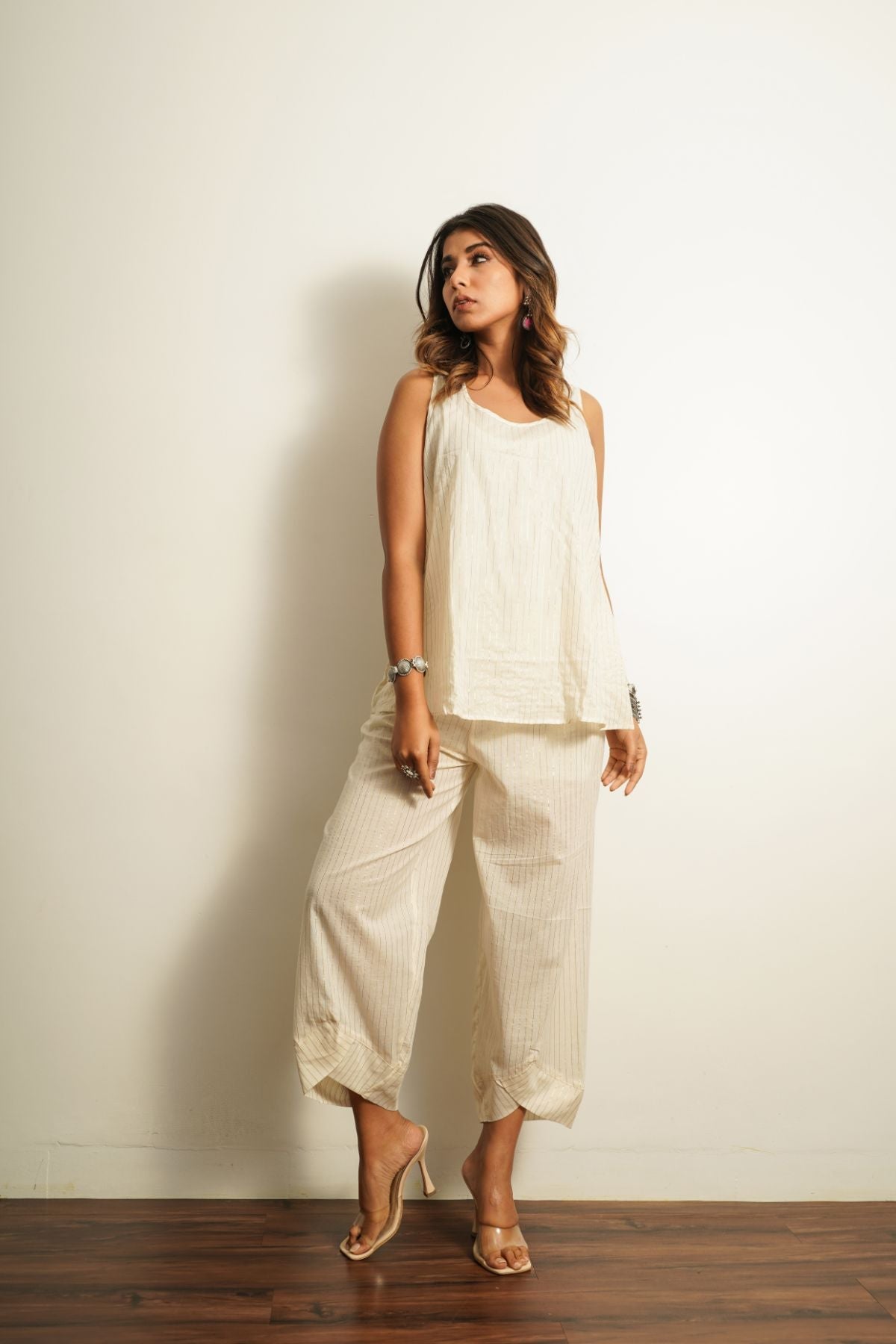 White Cotton 3 pc Co-ord Set at Kamakhyaa by Keva. This item is 100% cotton, Best Selling, Cape, Co-ord Sets, FB ADS JUNE, Fusion Wear, Natural, New, Off-white, party, Party Wear Co-ords, Printed Selfsame, Relaxed Fit, Saba, Solids, White, Womenswear