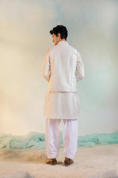 White Cotton Chanderi Sequin Work Jacket at Kamakhyaa by Charkhee. This item is Aasmaa, Chanderi, Cotton, Embellished, Indian Wear, Indianwear Jackets, Jackets, Mens Overlay, Menswear, Natural, Relaxed Fit, Sequin work, Wedding Wear, White