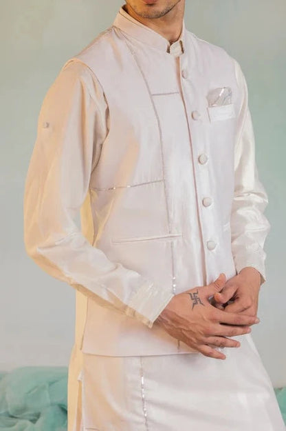 White Cotton Chanderi Sequin Work Jacket at Kamakhyaa by Charkhee. This item is Aasmaa, Chanderi, Cotton, Embellished, Indian Wear, Indianwear Jackets, Jackets, Mens Overlay, Menswear, Natural, Relaxed Fit, Sequin work, Wedding Wear, White