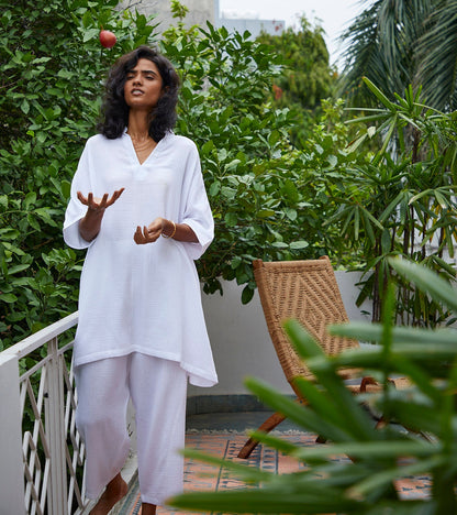 White Cotton Co-ord Set at Kamakhyaa by Khara Kapas. This item is Co-ord Sets, Cotton, Indo-Western, Lounge Wear, Lounge Wear Co-ords, Natural, Regular Fit, Selfsame, Solids, White, Womenswear