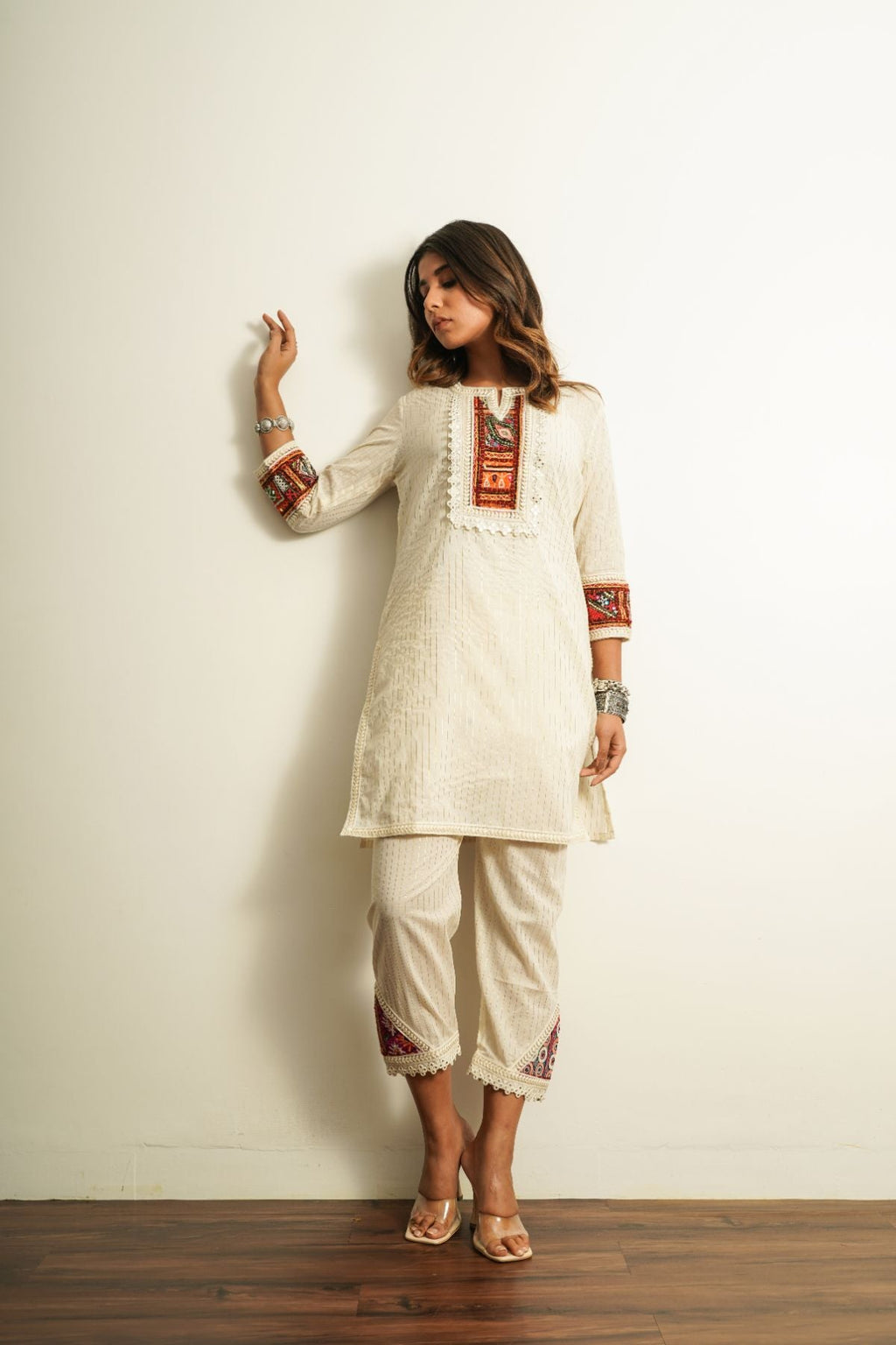 White Cotton Embroidered Pant at Kamakhyaa by Keva. This item is 100% cotton, Best Selling, Capris, Fusion Wear, Less than $50, Natural, New, Off-white, Regular Fit, Saba, Solids, White, Womenswear