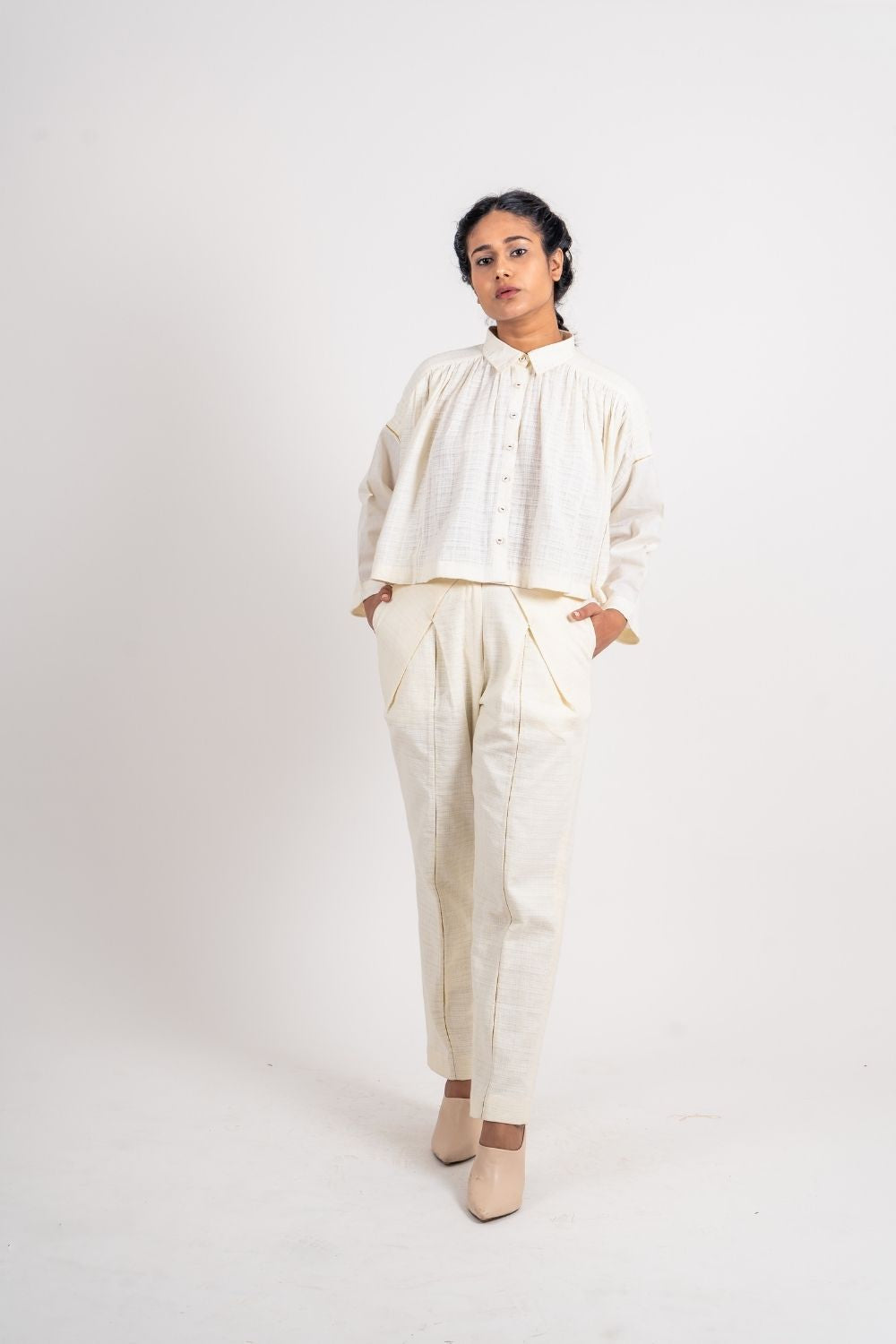 White Cotton Gathered Shirt at Kamakhyaa by Ahmev. This item is Casual Wear, Handloom Cotton, July Sale, July Sale 2023, Natural, Relaxed Fit, Shirts, Solids, Tops, White, Womenswear
