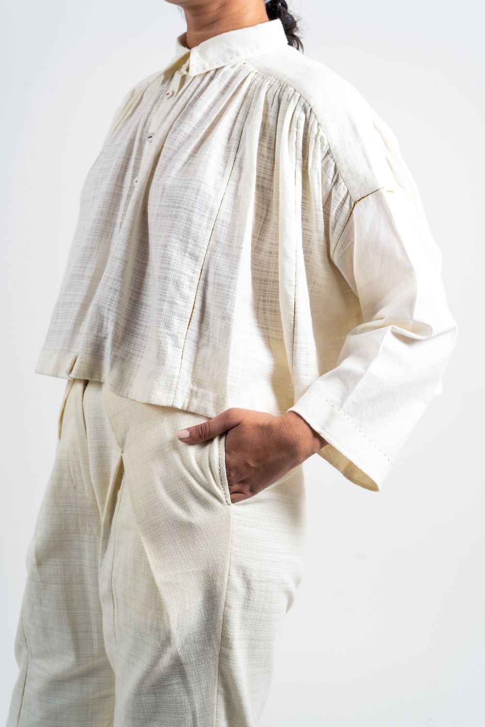 White Cotton Gathered Shirt at Kamakhyaa by Ahmev. This item is Casual Wear, Handloom Cotton, July Sale, July Sale 2023, Natural, Relaxed Fit, Shirts, Solids, Tops, White, Womenswear