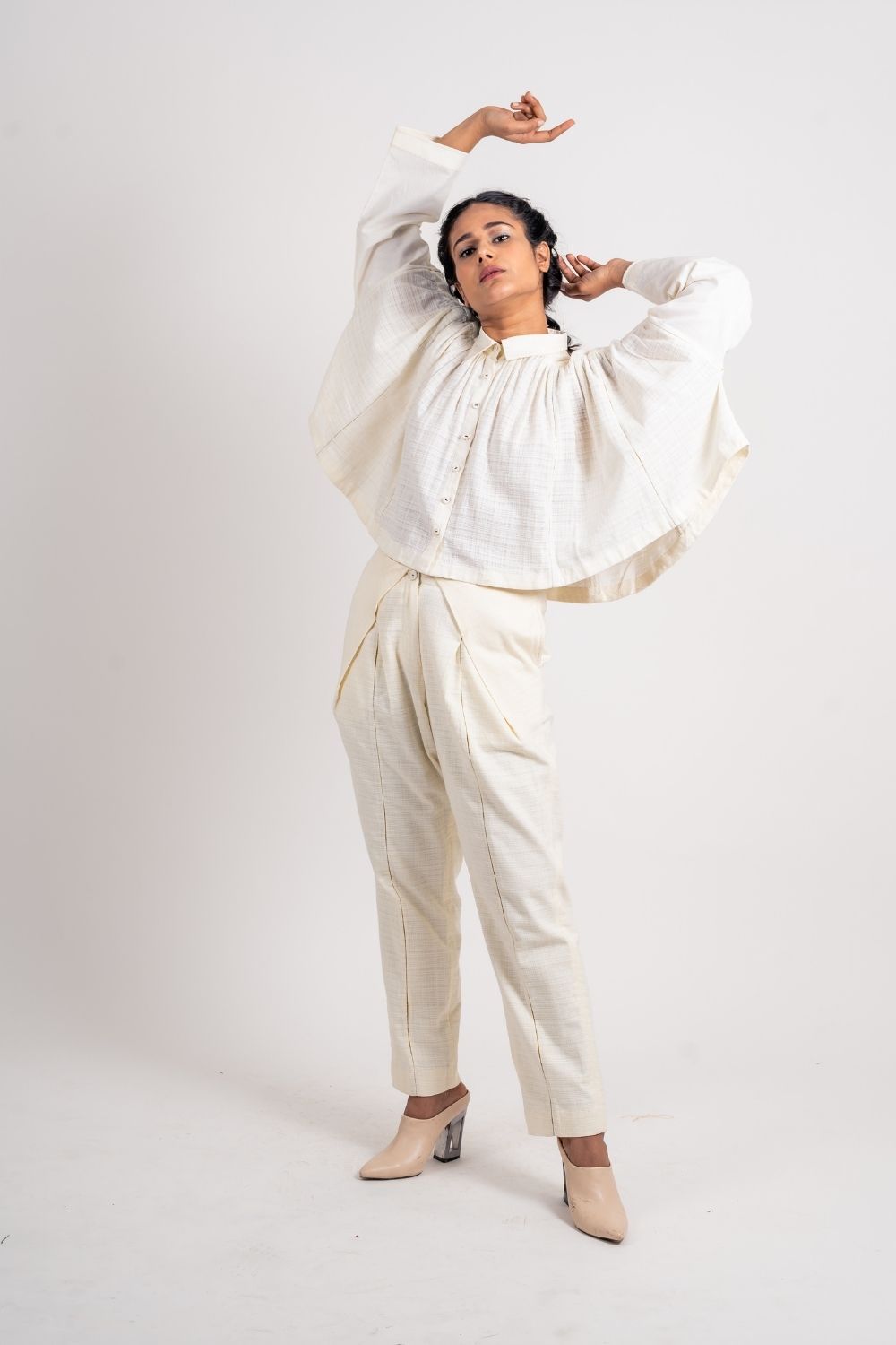 White Cotton Gathered Shirt at Kamakhyaa by Ahmev. This item is Casual Wear, Handloom Cotton, July Sale, July Sale 2023, Natural, Relaxed Fit, Shirts, Solids, Tops, White, Womenswear