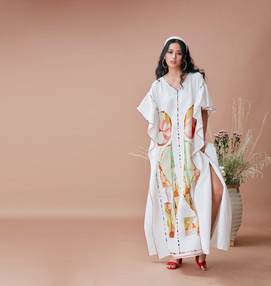 White Cotton Kaftan at Kamakhyaa by Dan Ba. This item is Cotton, July Sale, July Sale 2023, Kaftans, Maxi Dresses, Natural, Prints, Relaxed Fit, Resort Wear, White, Womenswear
