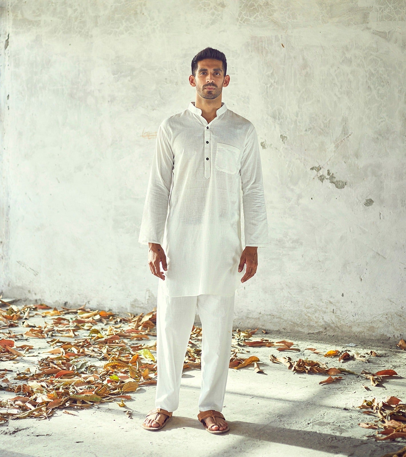 White Cotton Kurta Pyjama set at Kamakhyaa by Khara Kapas. This item is Casual Wear, Cotton, Kurta Pant Sets, Mens Co-ords, Menswear, Natural, New, Regular Fit, Solids, White