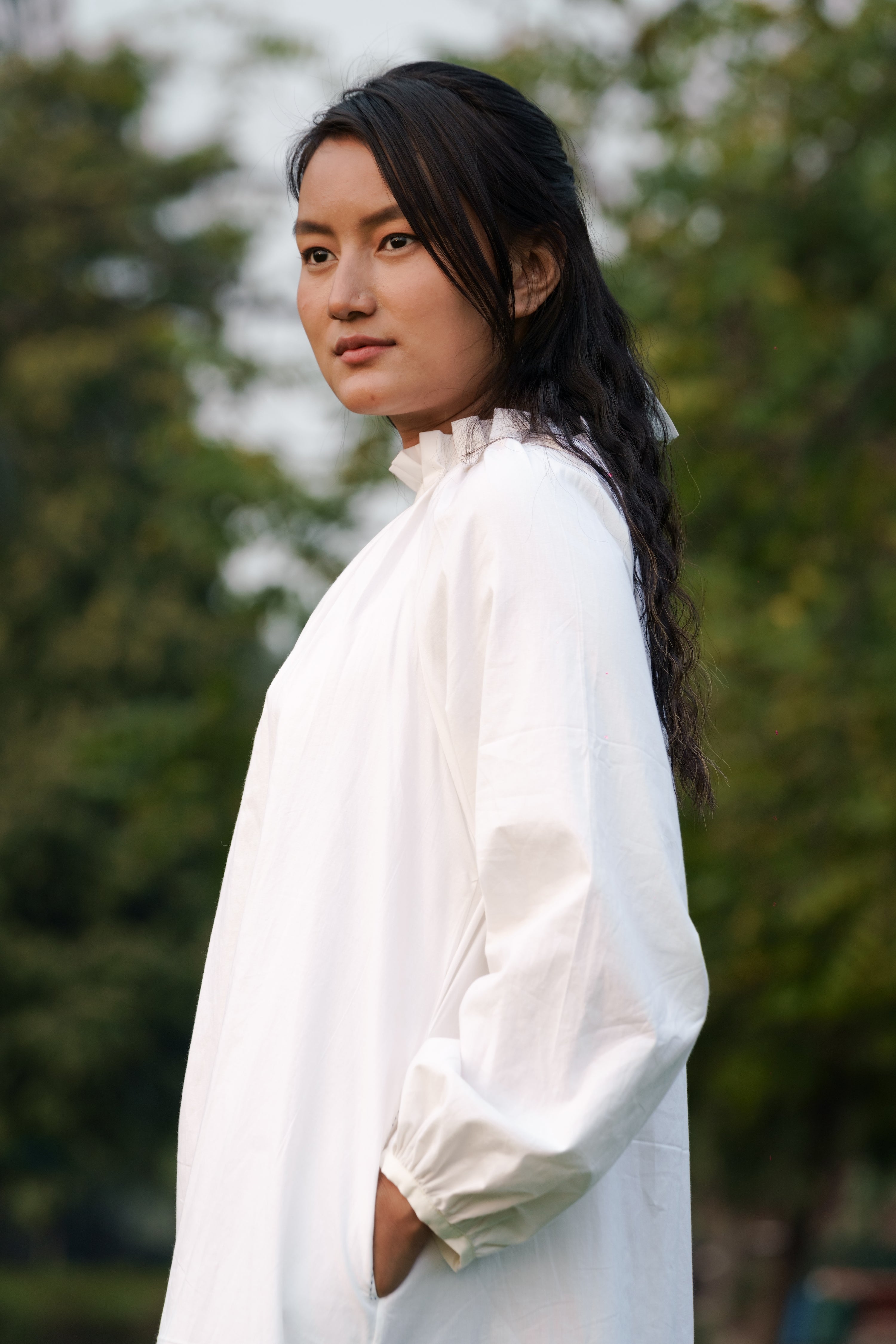 White Cotton Long Dress at Kamakhyaa by Ahmev. This item is Casual Wear, Cotton, July Sale, July Sale 2023, Midi Dresses, Natural, Relaxed Fit, Solids, White, Womenswear