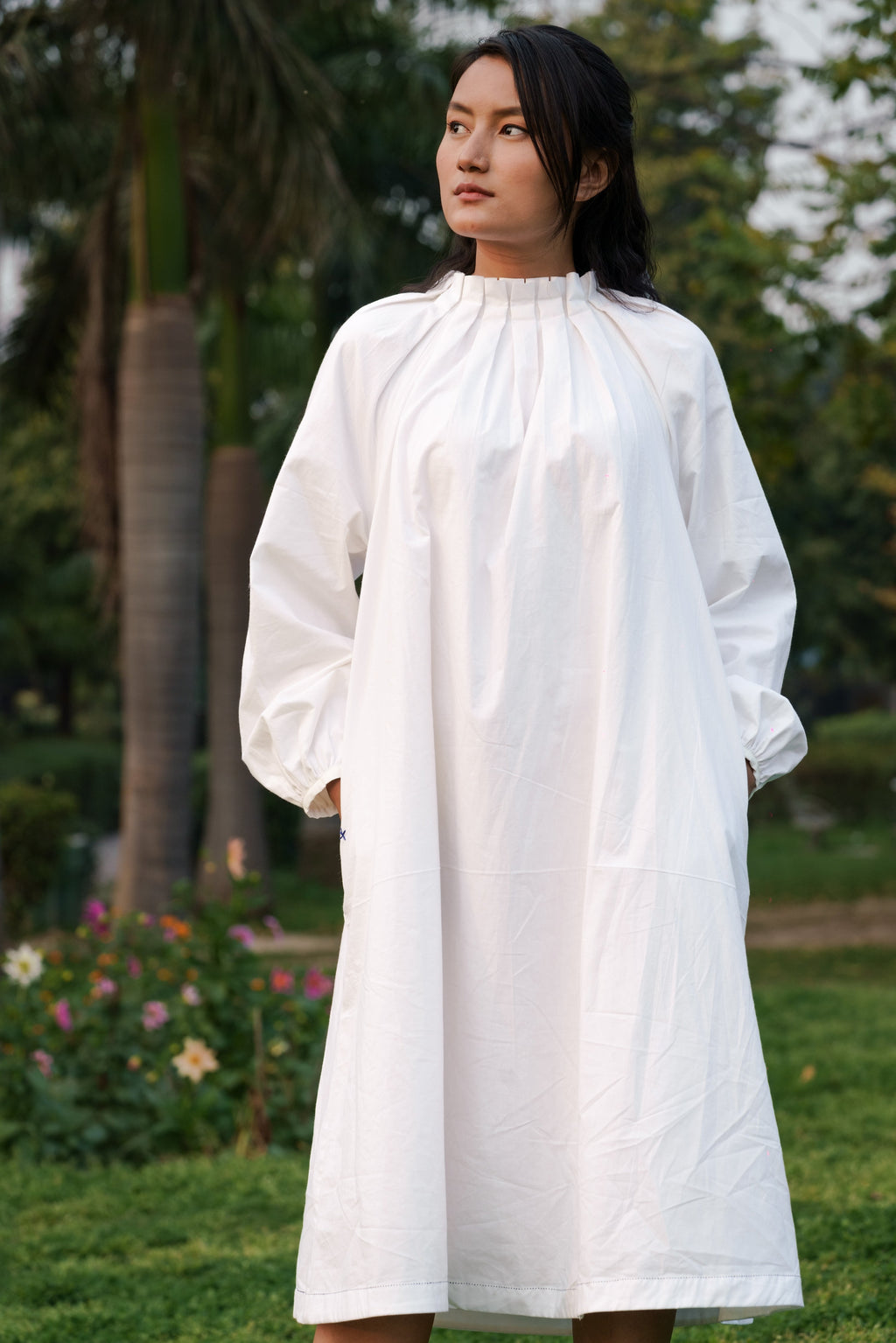 White Cotton Long Dress at Kamakhyaa by Ahmev. This item is Casual Wear, Cotton, July Sale, July Sale 2023, Midi Dresses, Natural, Relaxed Fit, Solids, White, Womenswear