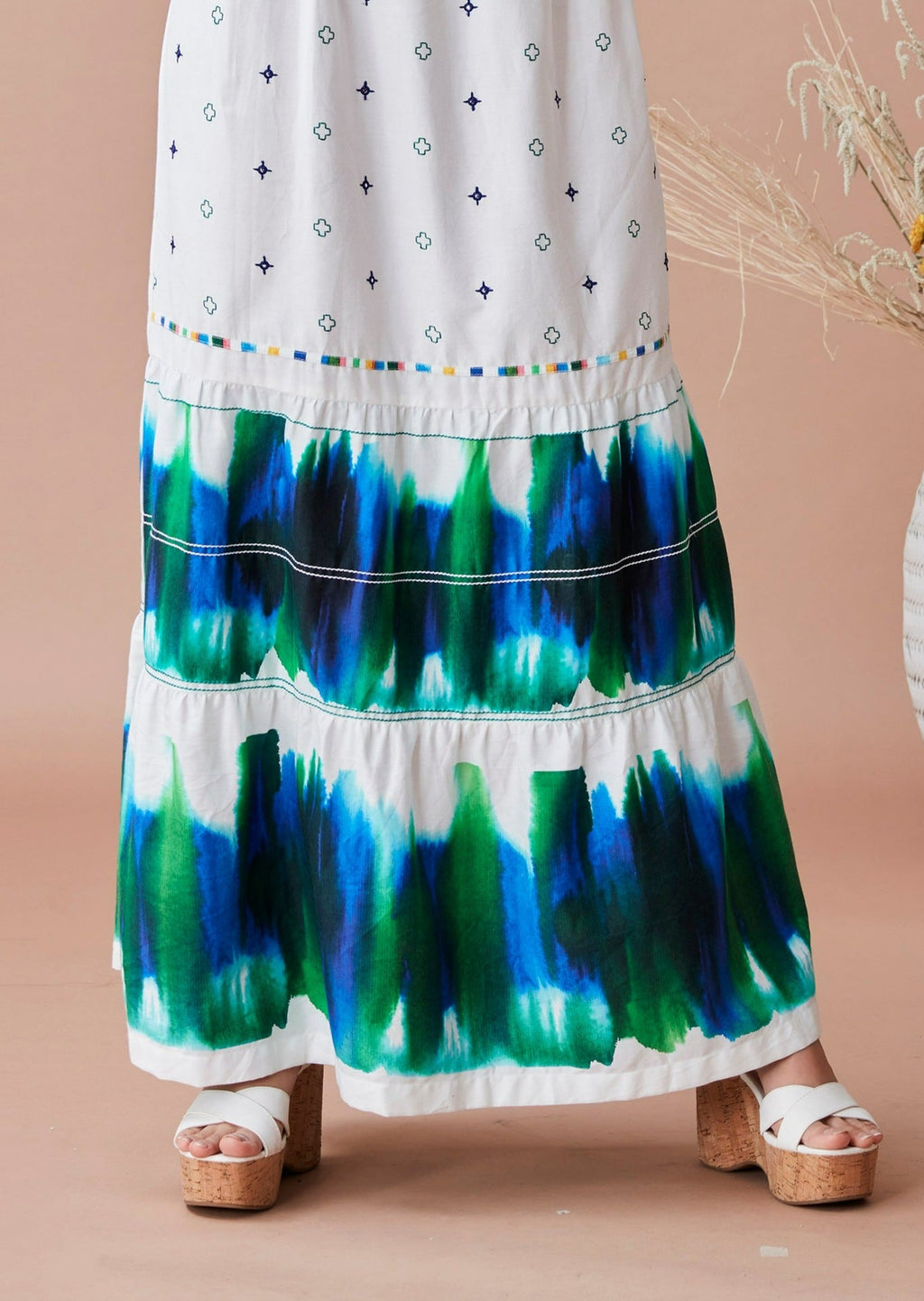 White Cotton Maxi Dress at Kamakhyaa by Dan Ba. This item is Cotton, July Sale, July Sale 2023, Maxi Dresses, Natural, Prints, Relaxed Fit, Resort Wear, Sleeveless Dresses, White, Womenswear