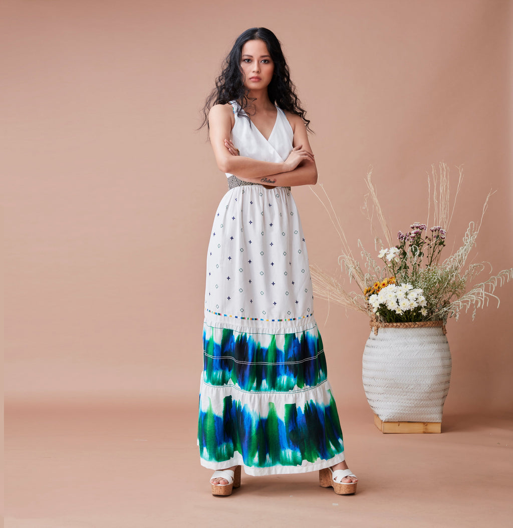 White Cotton Maxi Dress at Kamakhyaa by Dan Ba. This item is Cotton, July Sale, July Sale 2023, Maxi Dresses, Natural, Prints, Relaxed Fit, Resort Wear, Sleeveless Dresses, White, Womenswear