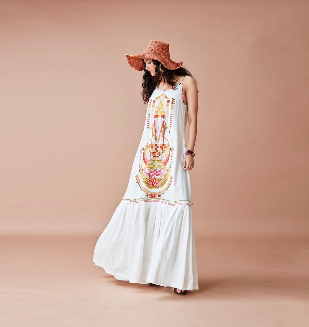 White Cotton Maxi Dress at Kamakhyaa by Dan Ba. This item is Cotton, July Sale, July Sale 2023, Maxi Dresses, Natural, Prints, Relaxed Fit, Resort Wear, Sleeveless Dresses, White, Womenswear