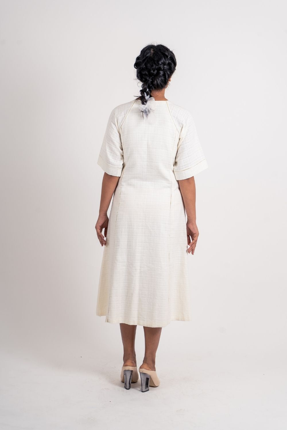 White Cotton Midi Dress at Kamakhyaa by Ahmev. This item is Casual Wear, Handloom Cotton, July Sale, July Sale 2023, Midi Dresses, Natural, Regular Fit, Shirt Dresses, Shirts, Textured, White, Womenswear