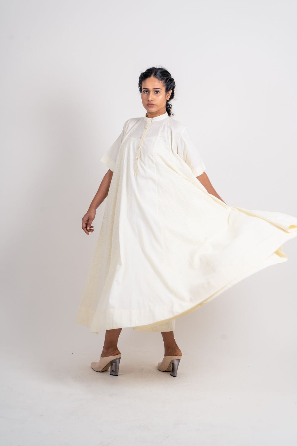 White Cotton Midi Dress at Kamakhyaa by Ahmev. This item is Casual Wear, Handloom Cotton, July Sale, July Sale 2023, Midi Dresses, Natural, Relaxed Fit, Solids, White, Womenswear