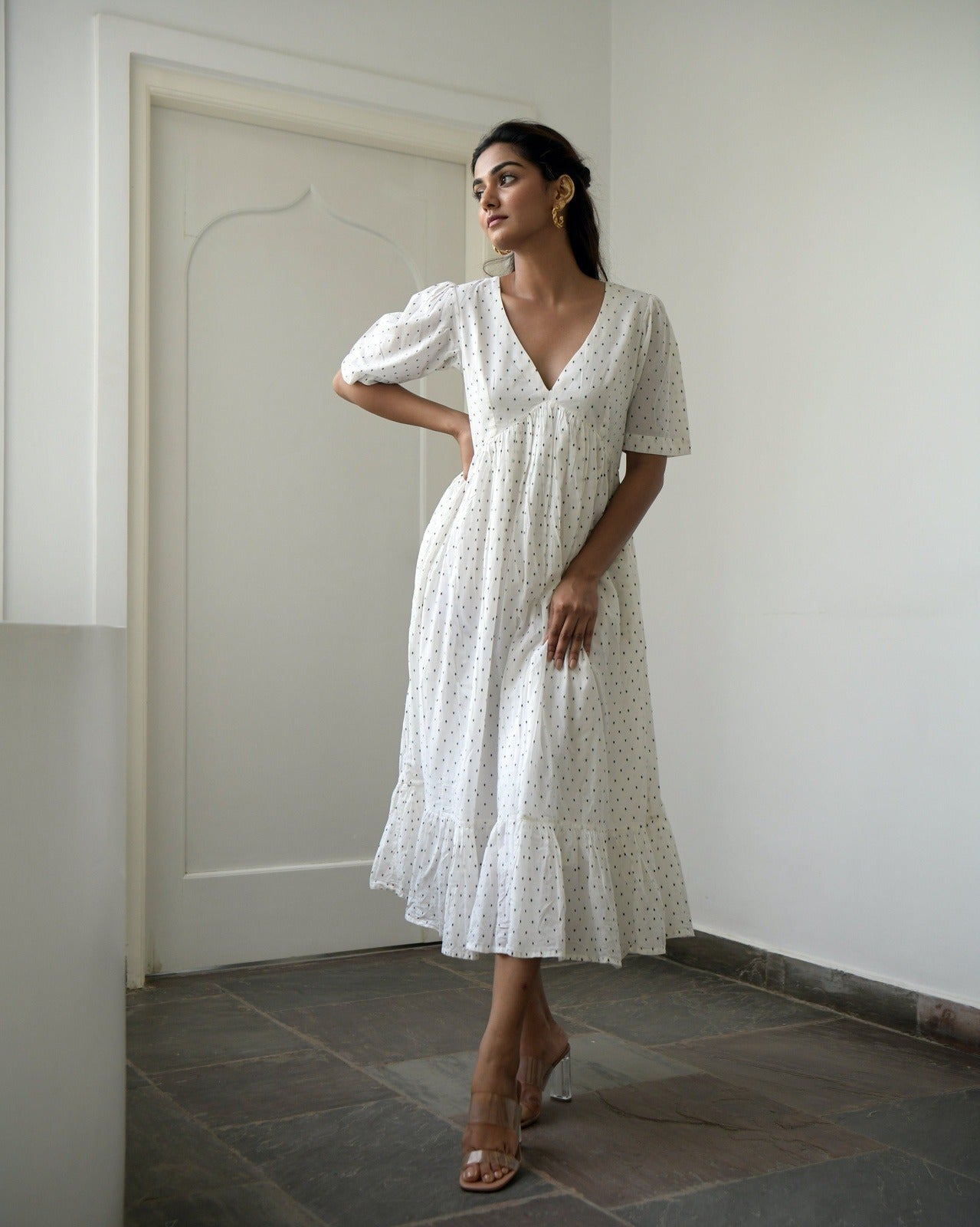 White Georgette Smocked Midi Dress with Short Puff Sleeves and Square Neck