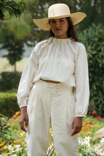 White Cotton Pleated Top at Kamakhyaa by Ahmev. This item is Casual Wear, Cotton, Crop Tops, July Sale, July Sale 2023, Natural, Relaxed Fit, Solids, Tops, White, Womenswear