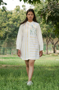 White Cotton Shirt at Kamakhyaa by Ahmev. This item is Batik, Casual Wear, Cotton, FB ADS JUNE, Handpainted, July Sale, July Sale 2023, Natural, Relaxed Fit, Shirt Dresses, Shirts, Stripes, White, Womenswear
