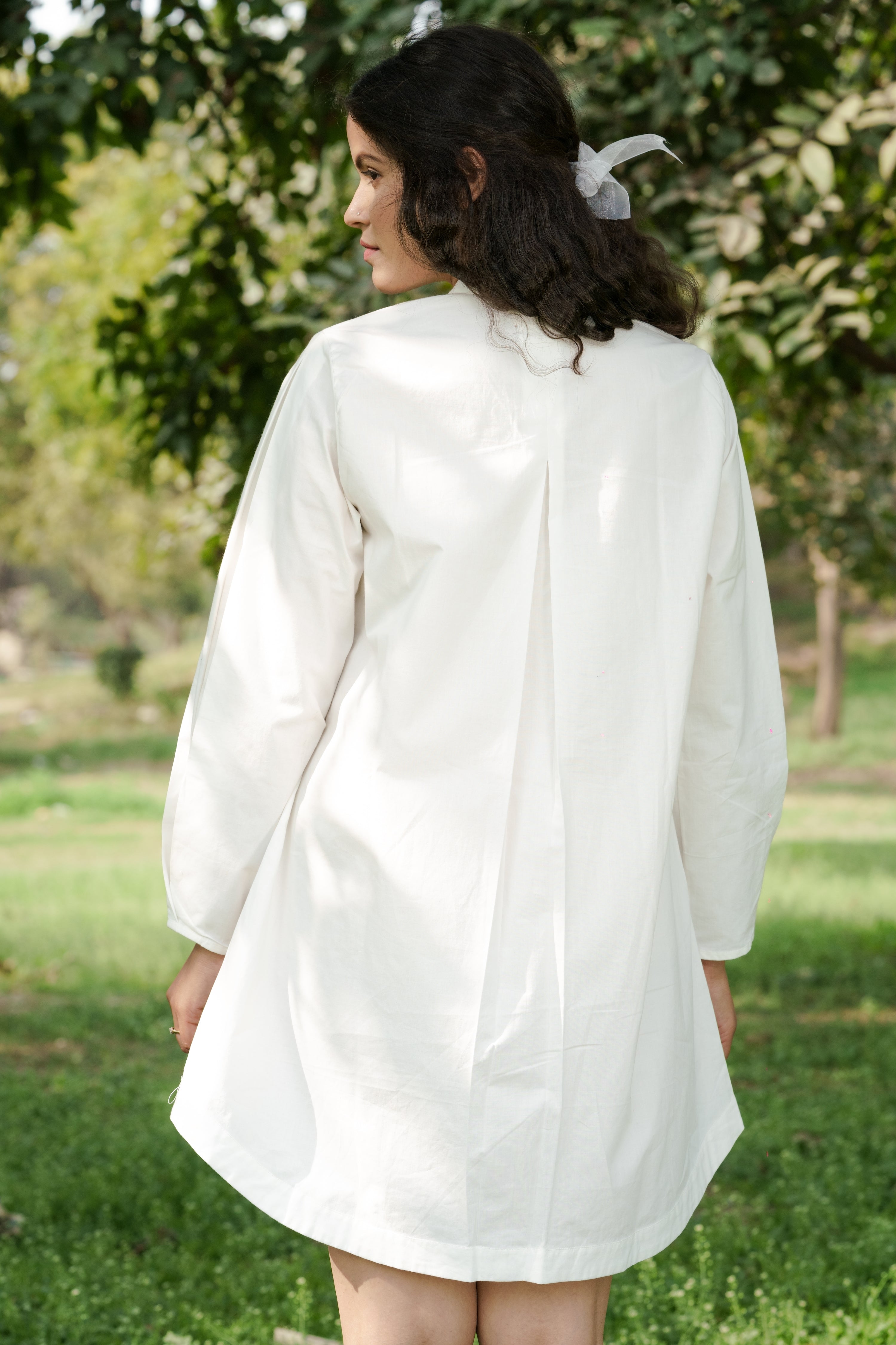 White Cotton Shirt at Kamakhyaa by Ahmev. This item is Batik, Casual Wear, Cotton, FB ADS JUNE, Handpainted, July Sale, July Sale 2023, Natural, Relaxed Fit, Shirt Dresses, Shirts, Stripes, White, Womenswear