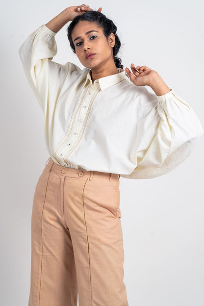 White Cotton Shirt with Dolman Sleeves at Kamakhyaa by Ahmev. This item is Casual Wear, Handloom Cotton, July Sale, July Sale 2023, Natural, Regular Fit, Shirts, Solids, Tops, White, Womenswear