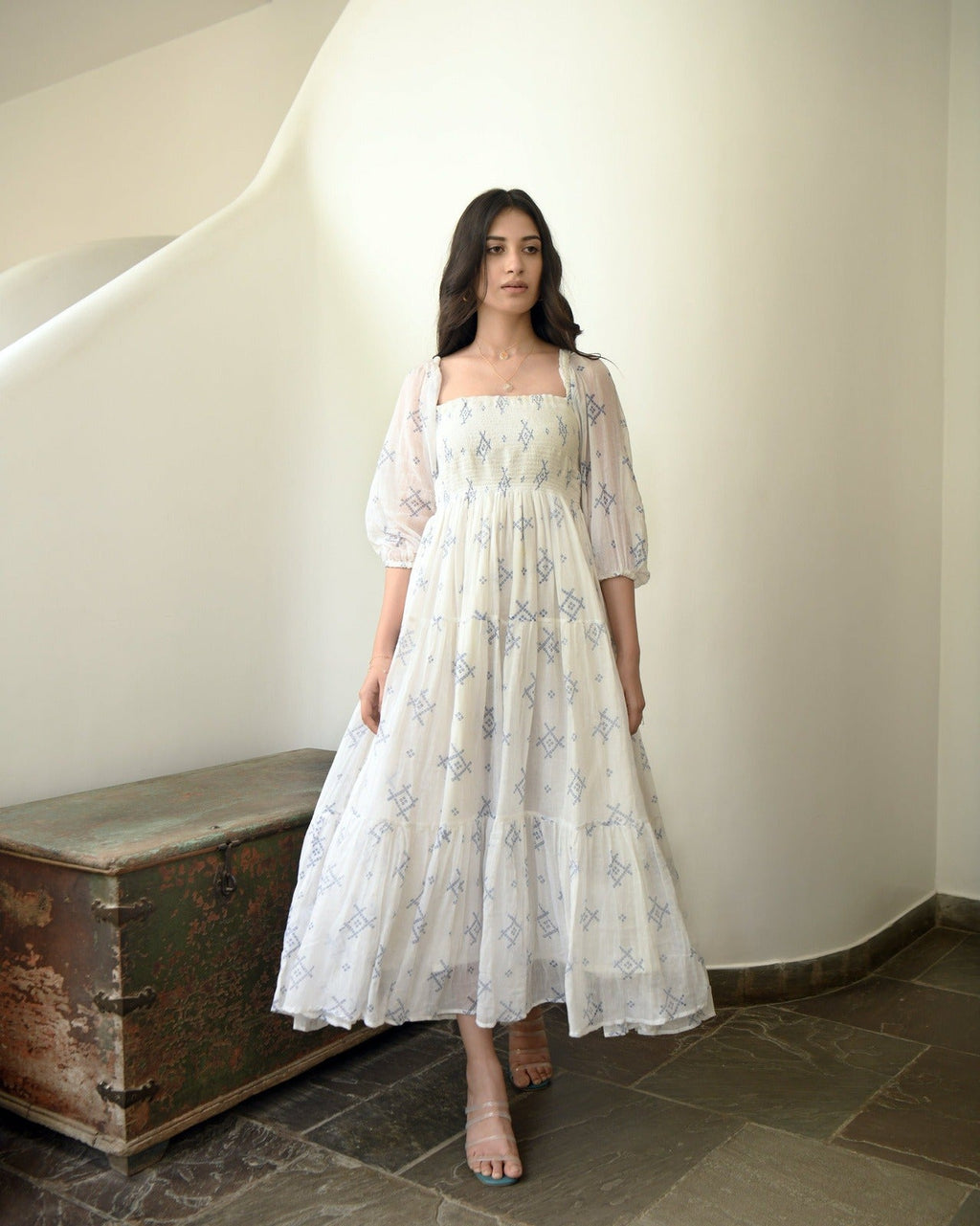 White Cotton Tiered Dress at Kamakhyaa by Taro. This item is Best Selling, Evening Wear, FB ADS JUNE, Handwoven cotton, Indo-Western, July Sale, July Sale 2023, Natural, Prints, Regular Fit, Tiered Dresses, White, Wildflower Taro, Womenswear