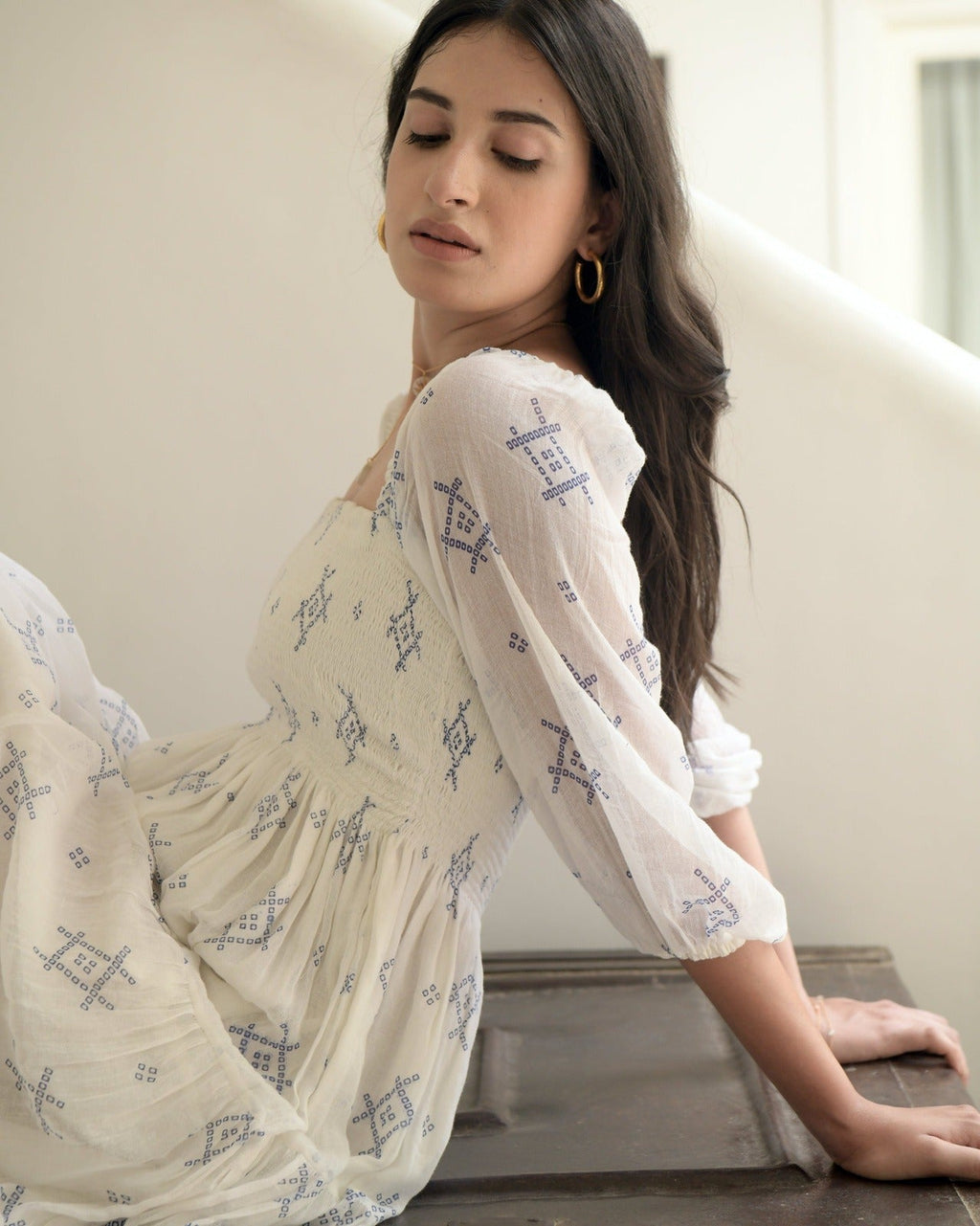 White Cotton Tiered Dress at Kamakhyaa by Taro. This item is Best Selling, Evening Wear, FB ADS JUNE, Handwoven cotton, Indo-Western, July Sale, July Sale 2023, Natural, Prints, Regular Fit, Tiered Dresses, White, Wildflower Taro, Womenswear