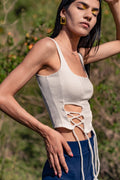White Cotton Top at Kamakhyaa by Meko Studio. This item is Cotton, Deadstock Fabrics, Fusion Wear, July Sale, July Sale 2023, Sleeveless Tops, Slim Fit, Solids, Spaghettis, Tops, Verao SS-22/23, White, Womenswear
