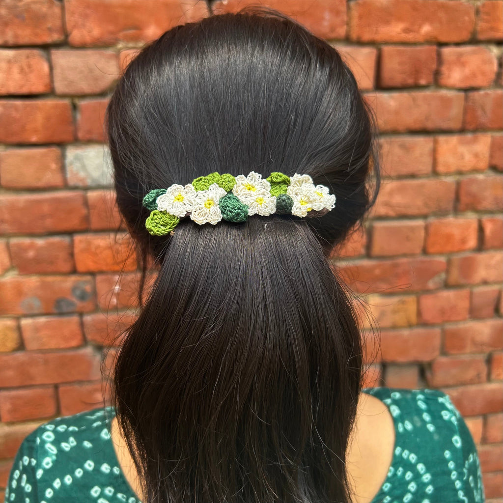 White Crochet Hair Clip at Kamakhyaa by Ikriit'm. This item is Accessories, Cotton yarn, Crochet, Free Size, Hair Accessories, Ikriit'm, Natural, White