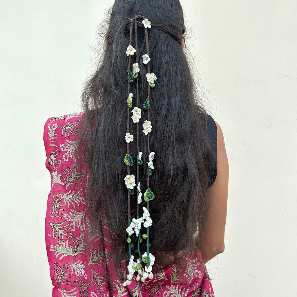 White Crochet Hair Parandi at Kamakhyaa by Ikriit'm. This item is Accessories, Cotton yarn, Crochet, Free Size, Hair Accessories, Ikriit'm, Natural, White