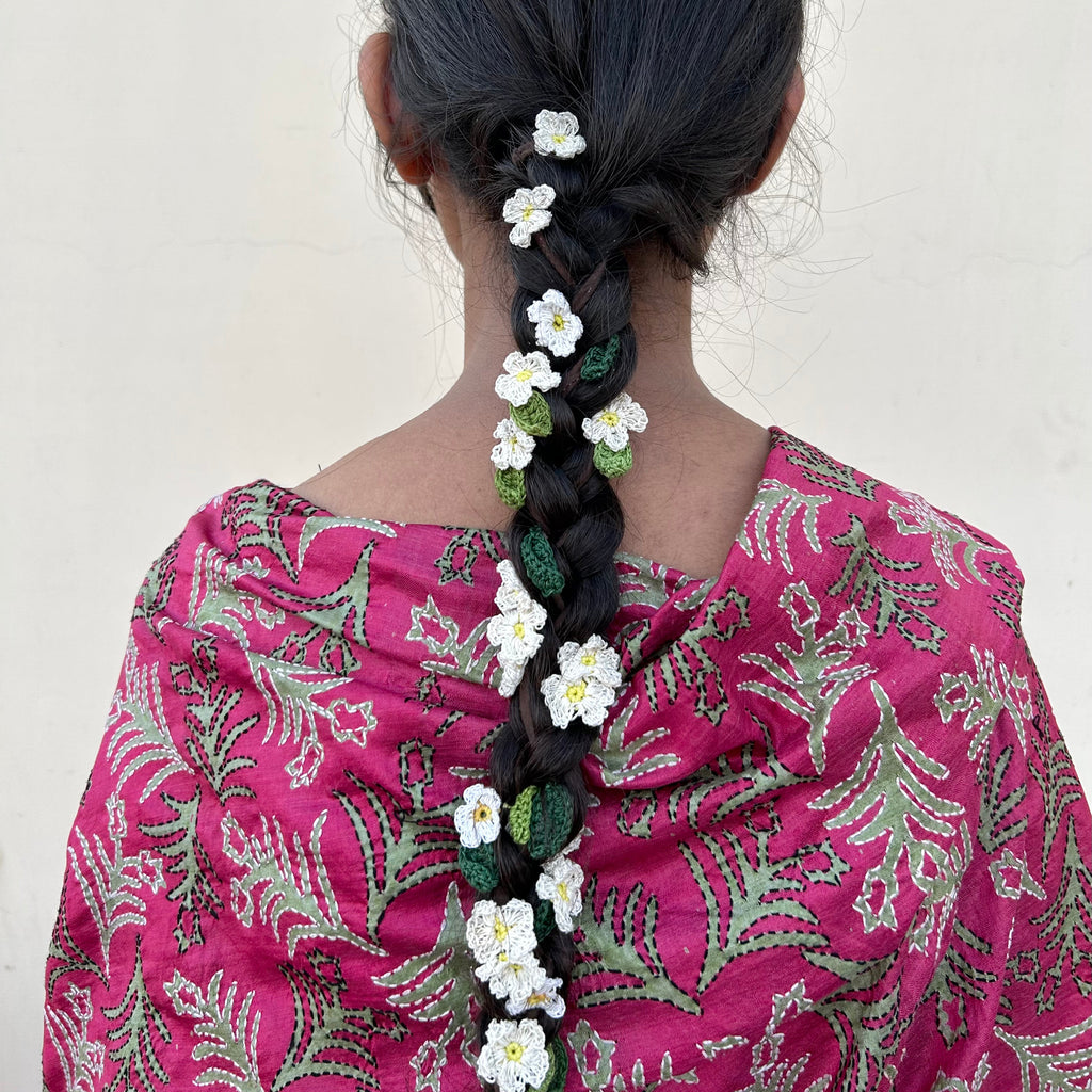 White Crochet Hair Parandi at Kamakhyaa by Ikriit'm. This item is Accessories, Cotton yarn, Crochet, Free Size, Hair Accessories, Ikriit'm, Natural, White