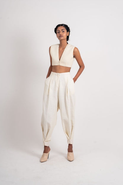 White Crop Top at Kamakhyaa by Ahmev. This item is Casual Wear, Crop Tops, Fitted At Bust, Handloom Cotton, Highend fashion, July Sale, July Sale 2023, Natural, Textured, Tops, White, Womenswear