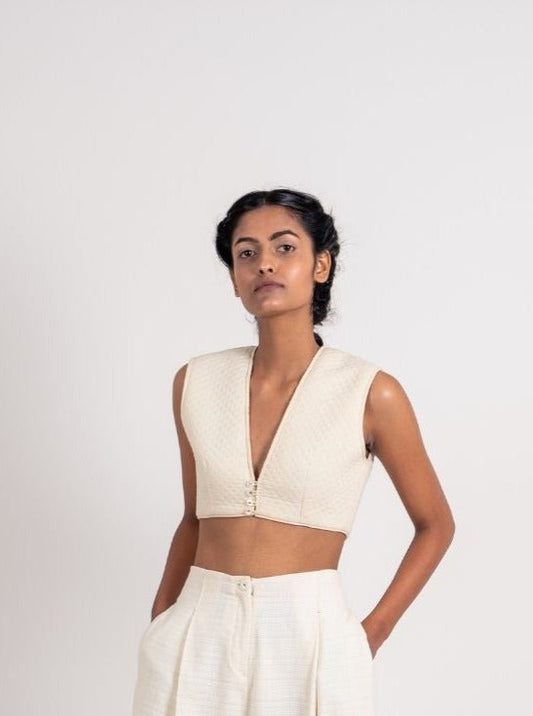 White Crop Top at Kamakhyaa by Ahmev. This item is Casual Wear, Crop Tops, Fitted At Bust, Handloom Cotton, Highend fashion, July Sale, July Sale 2023, Natural, Textured, Tops, White, Womenswear