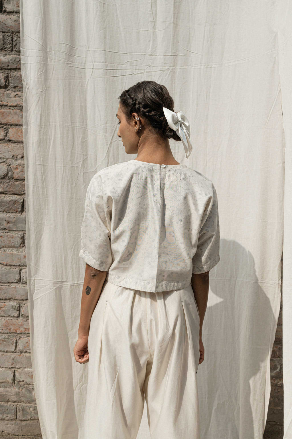 White Crop Top at Kamakhyaa by Ahmev. This item is Casual Wear, Chanderi, Crop Tops, Ink And Ivory, Natural, Prints, Relaxed Fit, White, Womenswear