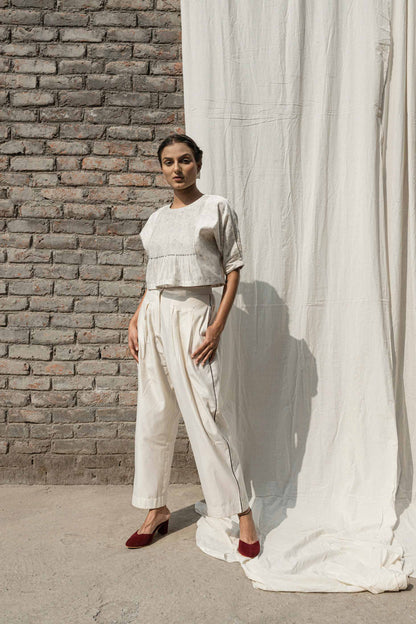 White Crop Top at Kamakhyaa by Ahmev. This item is Casual Wear, Chanderi, Crop Tops, Ink And Ivory, Natural, Prints, Relaxed Fit, White, Womenswear