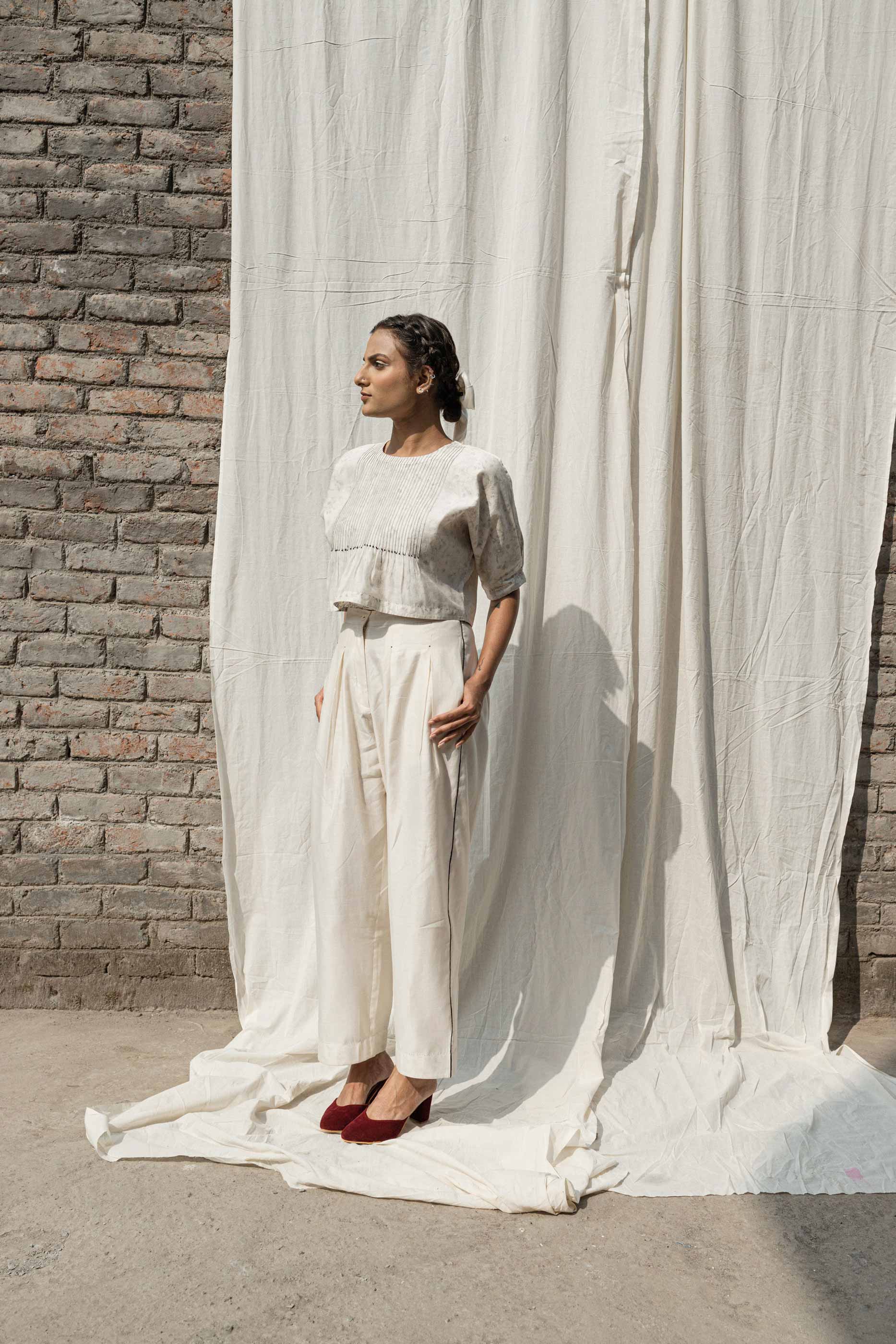 White Crop Top at Kamakhyaa by Ahmev. This item is Casual Wear, Chanderi, Crop Tops, Ink And Ivory, Natural, Prints, Relaxed Fit, White, Womenswear