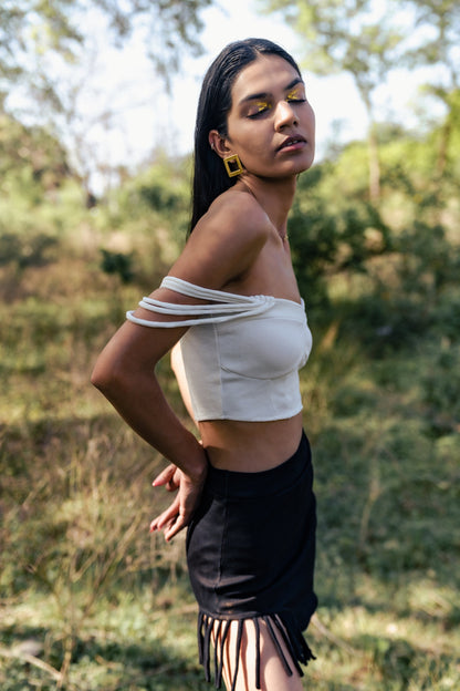 White Crop Top at Kamakhyaa by Meko Studio. This item is Cotton, Crop Tops, Deadstock Fabrics, Evening Wear, July Sale, July Sale 2023, Lycra, Off-shoulder Tops, Slim Fit, Solids, Verao SS-22/23, White, Womenswear