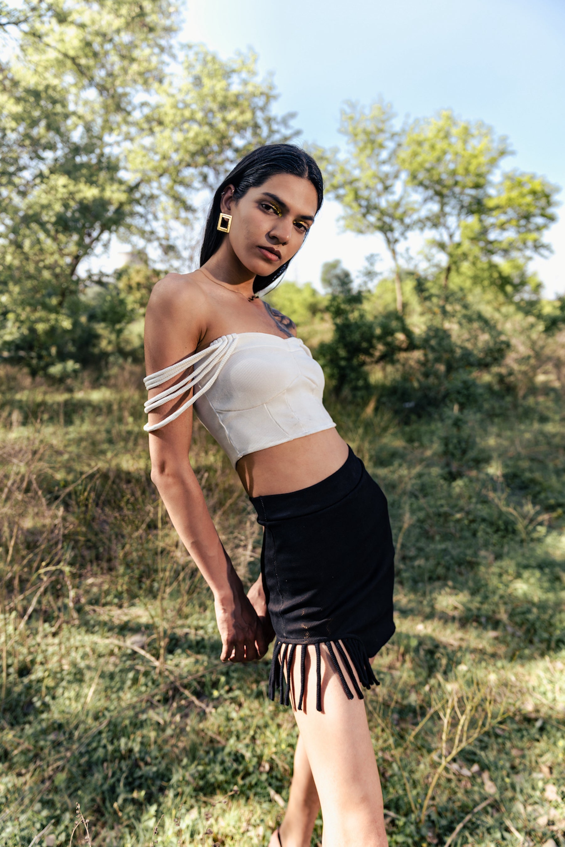 White Crop Top at Kamakhyaa by Meko Studio. This item is Cotton, Crop Tops, Deadstock Fabrics, Evening Wear, July Sale, July Sale 2023, Lycra, Off-shoulder Tops, Slim Fit, Solids, Verao SS-22/23, White, Womenswear