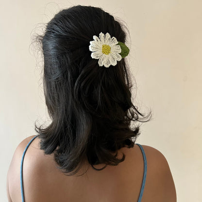White Daisy Crochet Hair Clip at Kamakhyaa by Ikriit'm. This item is Accessories, Cotton yarn, Crochet, Free Size, Hair Accessories, Ikriit'm, Natural, White