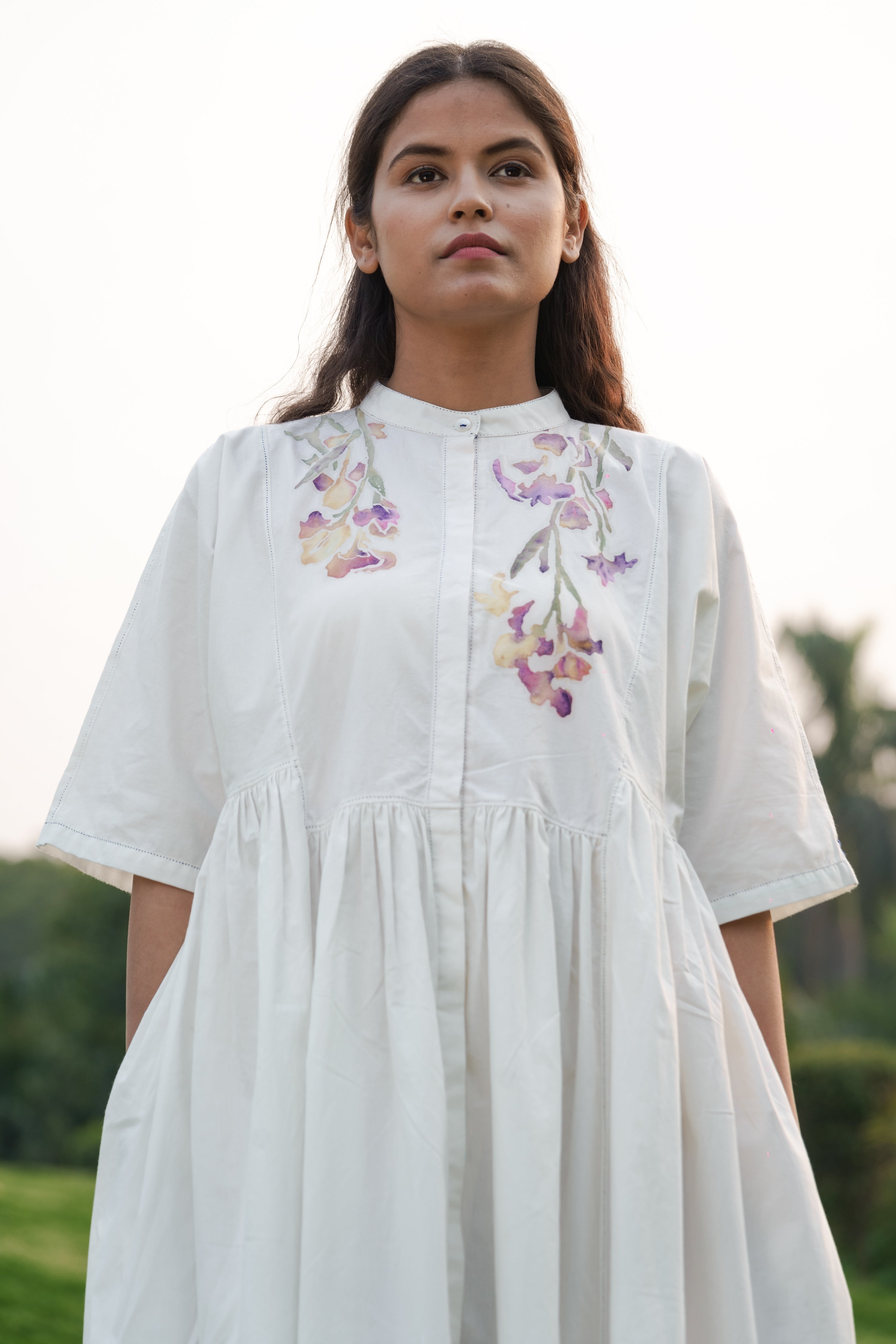 White Dress at Kamakhyaa by Ahmev. This item is Batik, Casual Wear, Cotton, Embroidered, FB ADS JUNE, Handpainted, July Sale, July Sale 2023, Midi Dresses, Natural, Prints, Relaxed Fit, Shirt Dresses, White, Womenswear
