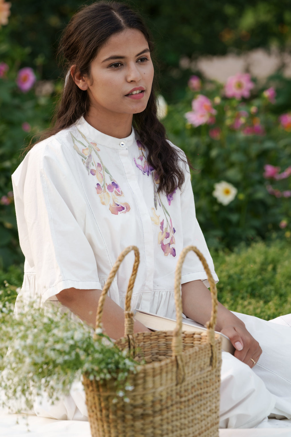 White Dress at Kamakhyaa by Ahmev. This item is Batik, Casual Wear, Cotton, Embroidered, FB ADS JUNE, Handpainted, July Sale, July Sale 2023, Midi Dresses, Natural, Prints, Relaxed Fit, Shirt Dresses, White, Womenswear