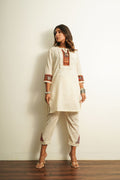 White Embroidered Cotton Co-ord Set at Kamakhyaa by Keva. This item is 100% cotton, Best Selling, Co-ord Sets, Fusion Wear, Natural, New, Off-white, party, Party Wear Co-ords, Regular Fit, Saba, Solids, White, Womenswear