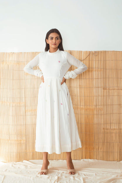 White Embroidered Full Sleeves Midi Dress at Kamakhyaa by The Loom Art. This item is Cotton Slub, July Sale, July Sale 2023, Midi Dresses, Natural, Party Wear, Regular Fit, Solids, White, Womenswear
