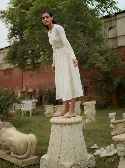 White Embroidered Midi Dress at Kamakhyaa by The Loom Art. This item is Embroidered, Handwoven Cotton, July Sale, July Sale 2023, Midi Dresses, Natural, Party Wear, Regular Fit, Vintage Summer, White, Womenswear