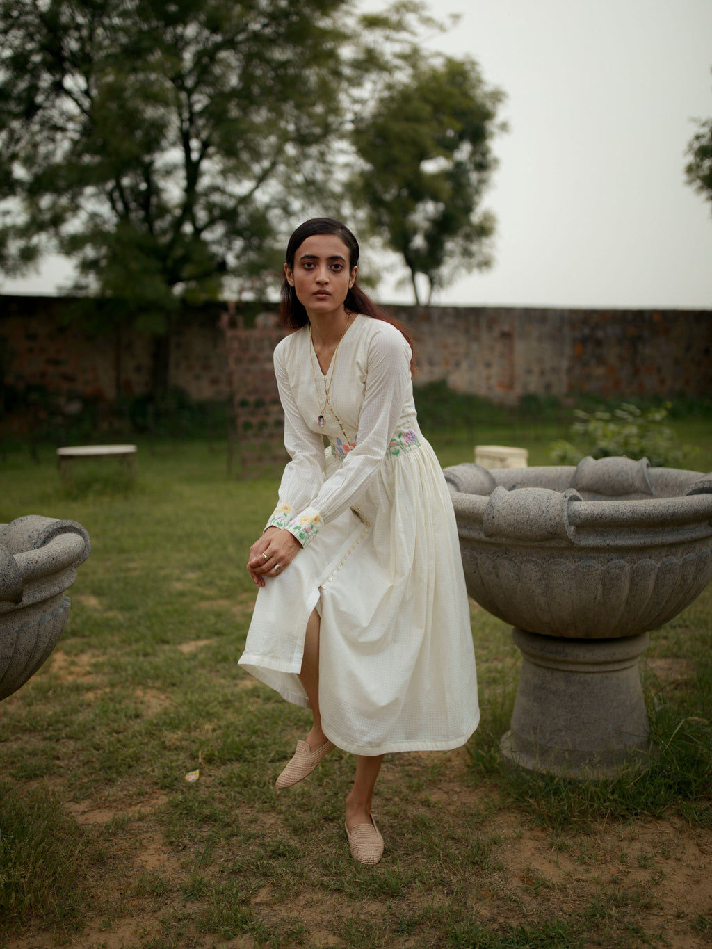 White Embroidered Midi Dress at Kamakhyaa by The Loom Art. This item is Embroidered, Handwoven Cotton, July Sale, July Sale 2023, Midi Dresses, Natural, Party Wear, Regular Fit, Vintage Summer, White, Womenswear