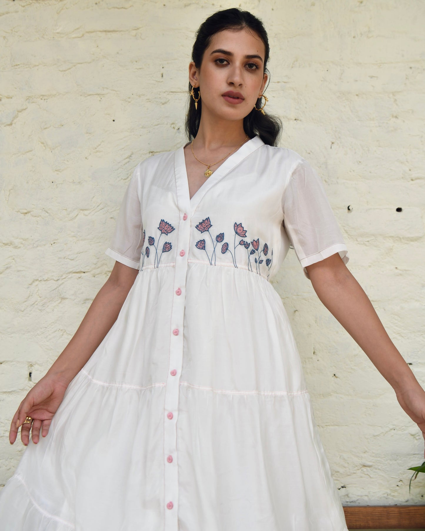 White Embroidered Silk Maxi Dress at Kamakhyaa by Taro. This item is Best Selling, Dusk To Dawn, Embroidered, Evening Wear, FB ADS JUNE, July Sale, July Sale 2023, Midi Dresses, Modal silk, Natural, Regular Fit, Shirt Dresses, Silk, White, Womenswear