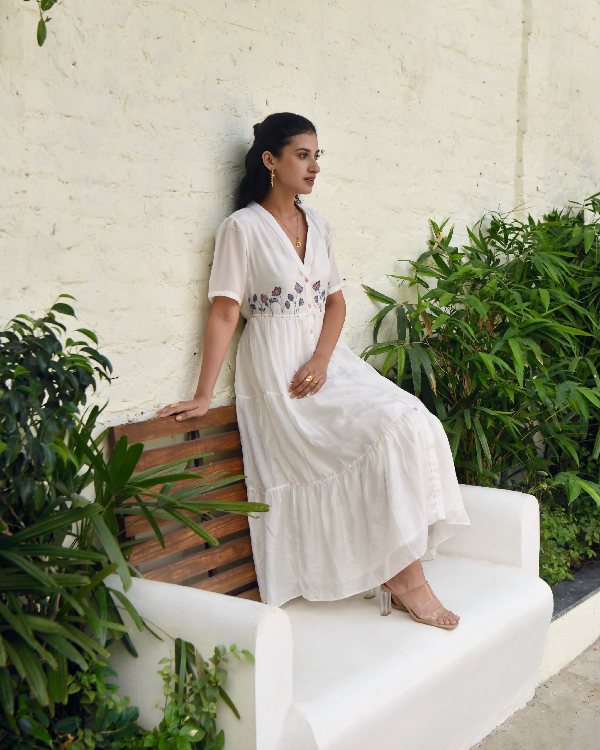 White Embroidered Silk Maxi Dress at Kamakhyaa by Taro. This item is Best Selling, Dusk To Dawn, Embroidered, Evening Wear, FB ADS JUNE, July Sale, July Sale 2023, Midi Dresses, Modal silk, Natural, Regular Fit, Shirt Dresses, Silk, White, Womenswear