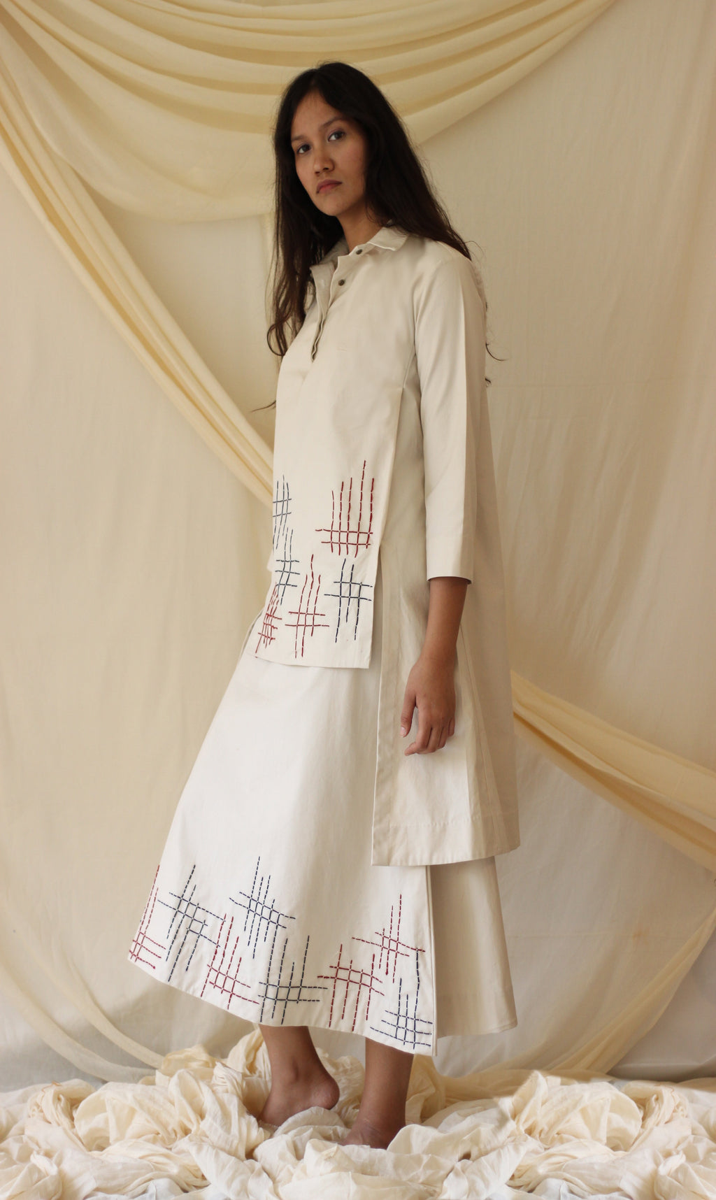 White Embroidered Tunic Complete Set at Kamakhyaa by Chambray & Co.. This item is Casual Wear, Co-ord Sets, Cotton, Natural, Regular Fit, Skirt Sets, Solids, Travel, Travel Co-ords, White, Womenswear