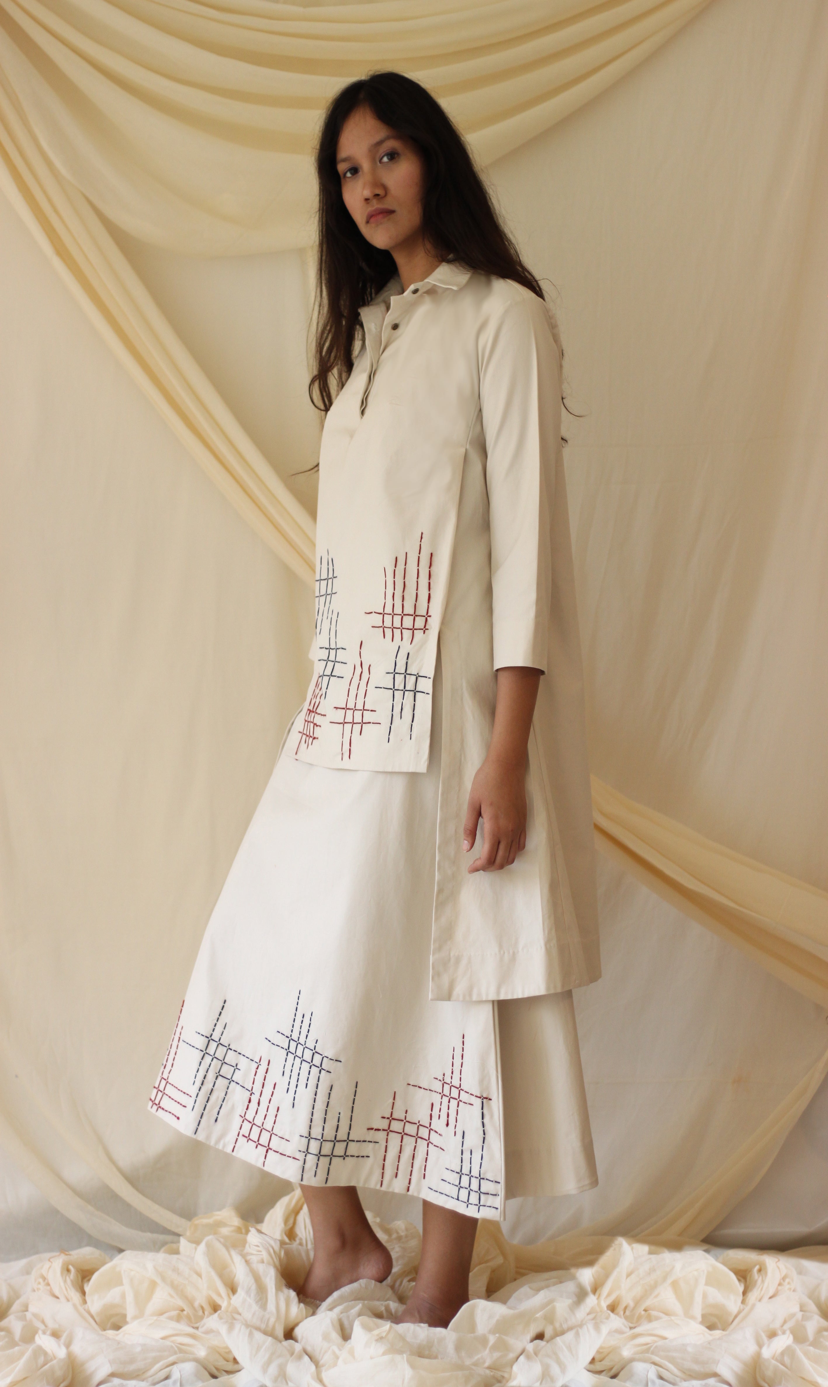 White Embroidered Tunic Complete Set at Kamakhyaa by Chambray & Co.. This item is Casual Wear, Co-ord Sets, Cotton, Natural, Regular Fit, Skirt Sets, Solids, Travel, Travel Co-ords, White, Womenswear